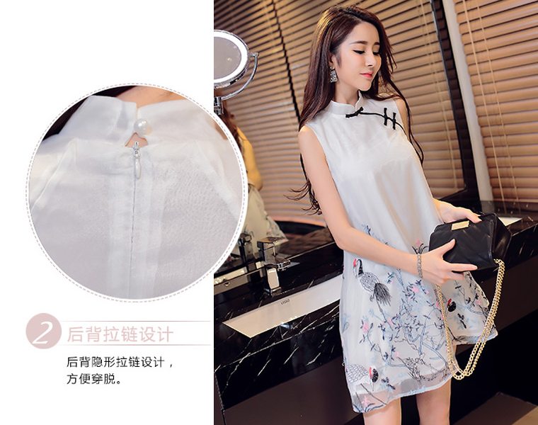 民族風a字復古仙鶴刺繡花歐根紗旗袍