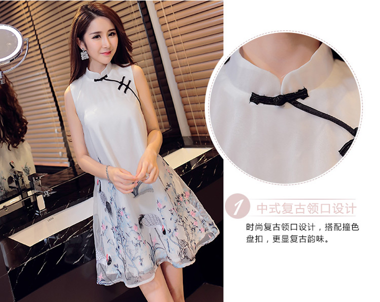 民族風a字復古仙鶴刺繡花歐根紗旗袍