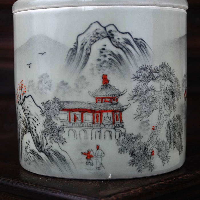 手繪民國山水圖景德鎮(zhèn)陶瓷仿古蟈蟈罐