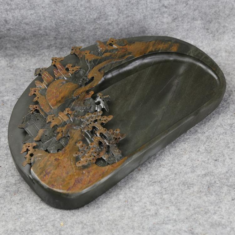 天然原石歙硯老魚子金暈彩帶觀賞硯臺