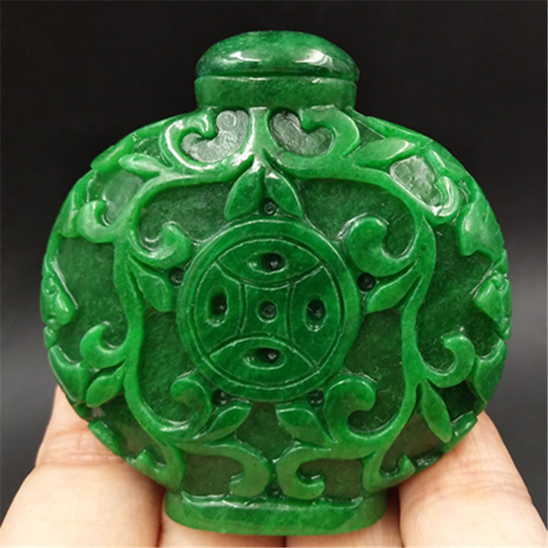 滿綠翠色干青玉石雙面雕刻福在眼前鼻煙壺