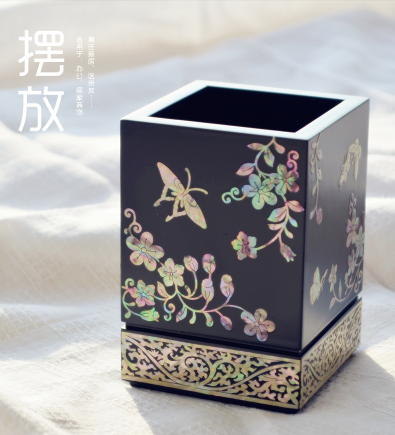 復(fù)古螺鈿漆器實(shí)木質(zhì)貝殼筆筒