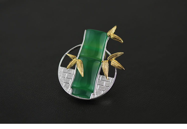 家佳樂文學(xué)古典鑲玉髓竹子純銀胸針