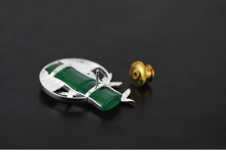 家佳樂文學(xué)古典鑲玉髓竹子純銀胸針