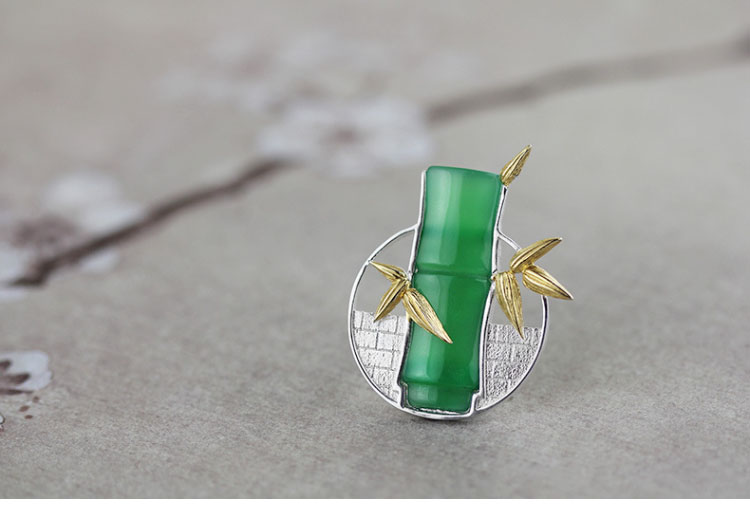 家佳樂文學(xué)古典鑲玉髓竹子純銀胸針