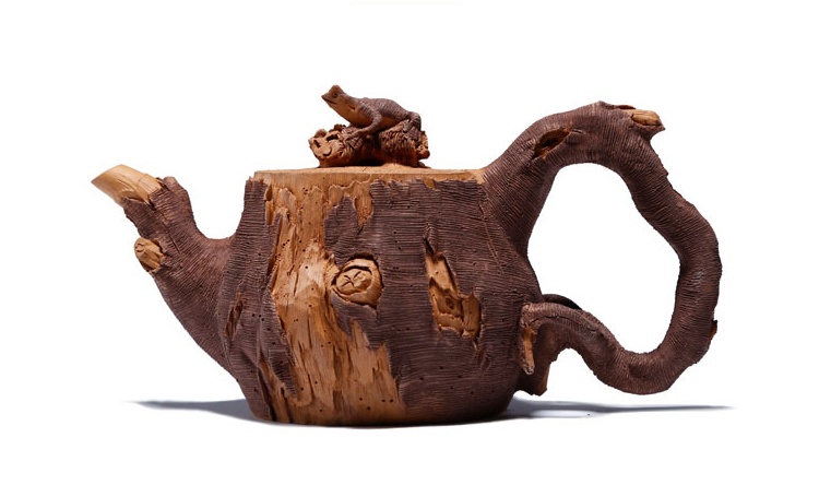 仿木外皮紫砂壺，創(chuàng)意木樁手工雕刻紫砂壺