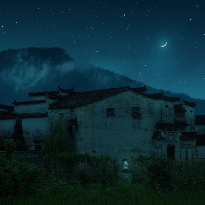 湖光月色插畫，景色秀麗手繪插畫