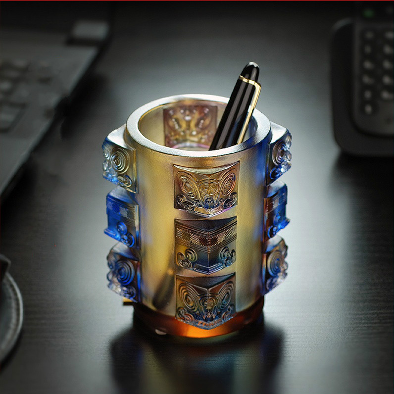 精美失蠟古琉筆筒，中國傳統(tǒng)手工琉璃筆筒