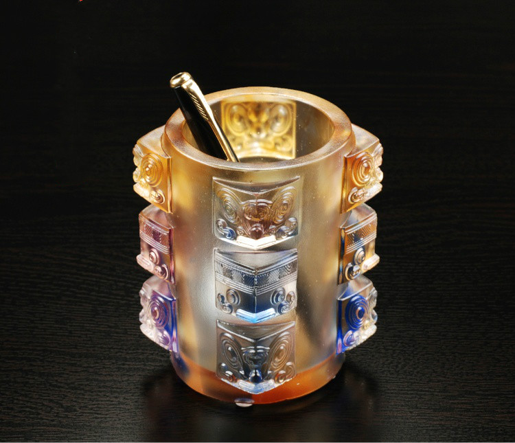 精美失蠟古琉筆筒，中國傳統(tǒng)手工琉璃筆筒