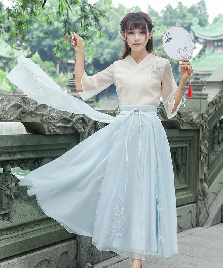 復(fù)古家佳樂文學(xué)廣袖長裙，雪紡清新淡雅漢服圖片