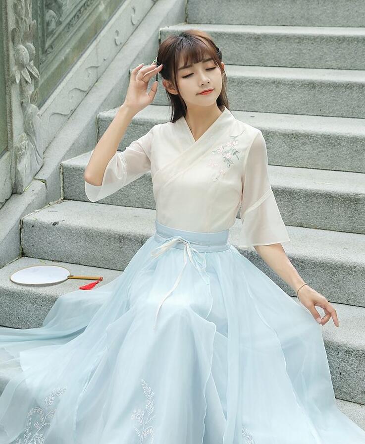 復(fù)古家佳樂文學(xué)廣袖長裙，雪紡清新淡雅漢服圖片