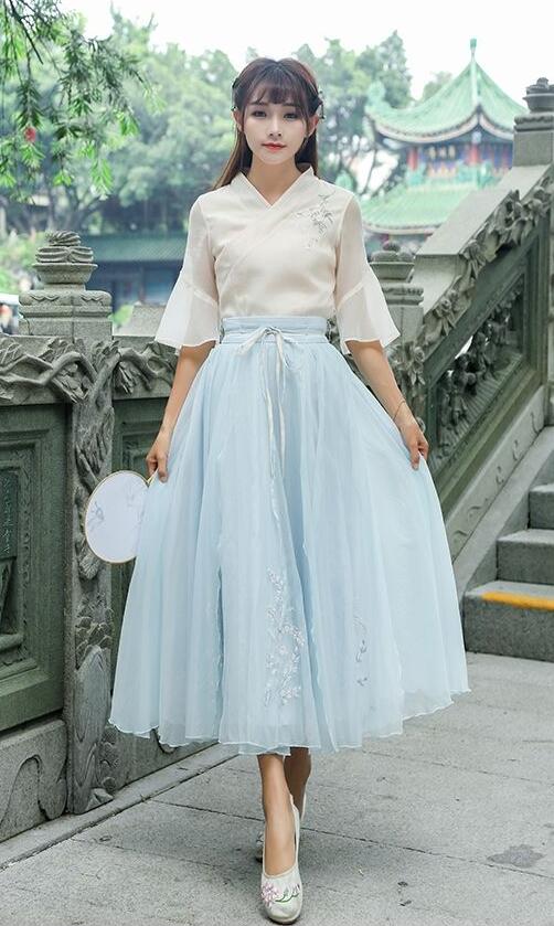 復(fù)古家佳樂文學(xué)廣袖長裙，雪紡清新淡雅漢服圖片