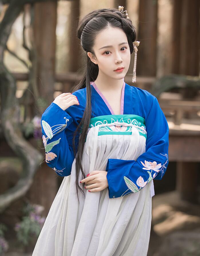 漢服荷花刺繡清新古裝，錦絲皺齊胸襦裙?jié)h服