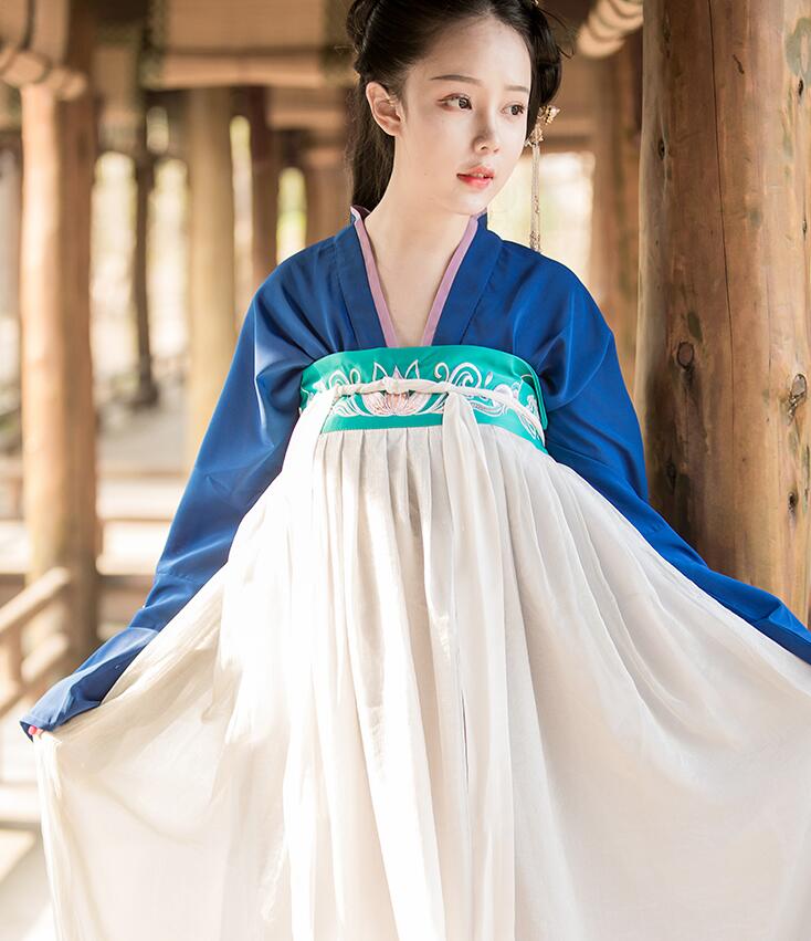 漢服荷花刺繡清新古裝，錦絲皺齊胸襦裙?jié)h服
