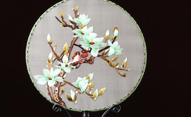 雙面真絲手工刺繡團(tuán)扇，古典黑檀木宮扇子