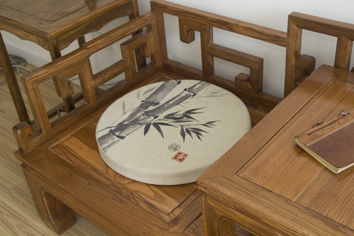 家佳樂文學(xué)亞麻布料坐墊，水墨畫圓凳子坐墊