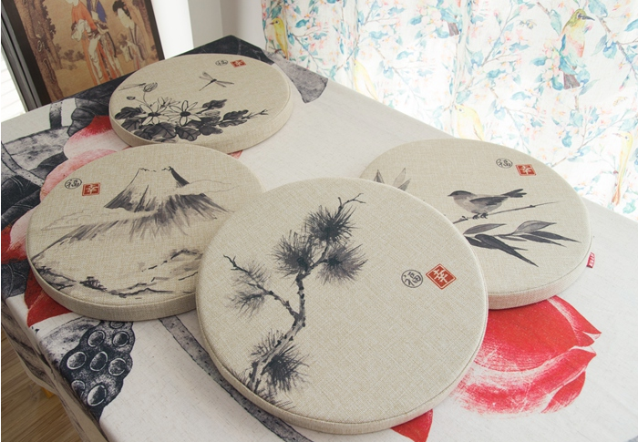 家佳樂文學(xué)亞麻布料坐墊，水墨畫圓凳子坐墊