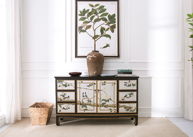 清新國畫收納進(jìn)門柜子，實(shí)木玄關(guān)裝飾門廳柜子