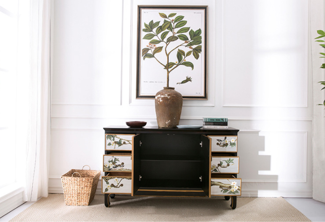 清新國畫收納進(jìn)門柜子，實(shí)木玄關(guān)裝飾門廳柜子