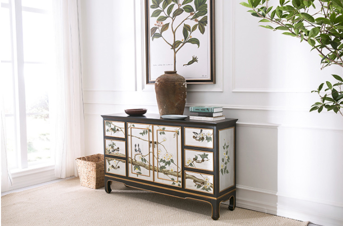 清新國畫收納進(jìn)門柜子，實(shí)木玄關(guān)裝飾門廳柜子