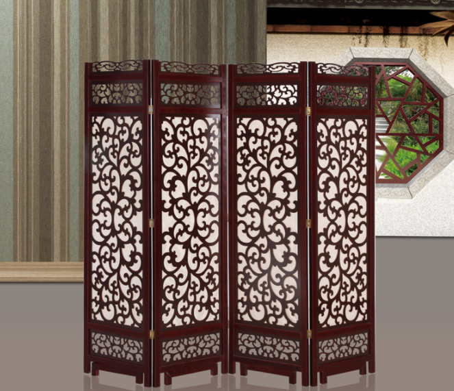 兩色中式仿古隔斷屏風，實木鏤空雙面屏風