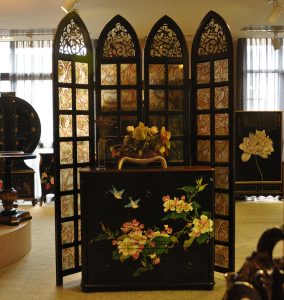 實(shí)木鏤空玄關(guān)折屏，新古典復(fù)古彩繪玻璃屏風(fēng)