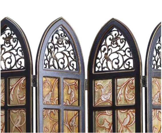 實(shí)木鏤空玄關(guān)折屏，新古典復(fù)古彩繪玻璃屏風(fēng)