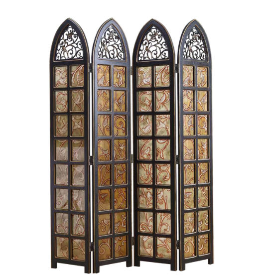 實(shí)木鏤空玄關(guān)折屏，新古典復(fù)古彩繪玻璃屏風(fēng)