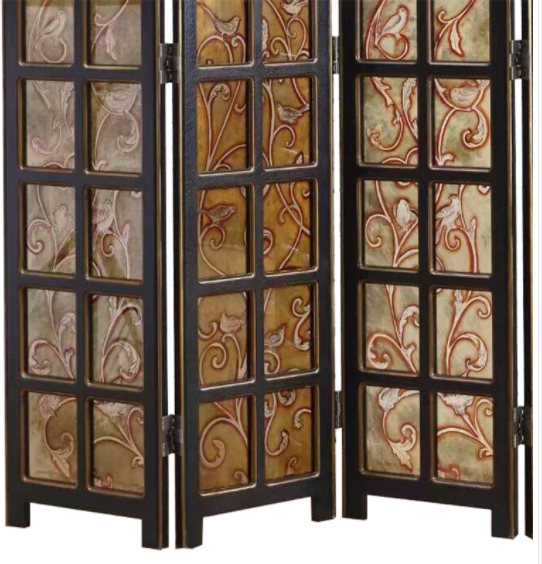 實(shí)木鏤空玄關(guān)折屏，新古典復(fù)古彩繪玻璃屏風(fēng)