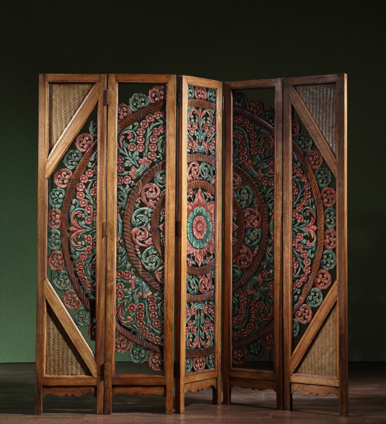 中式復古實木隔斷屏風，彩繪木質(zhì)手工雕花屏風