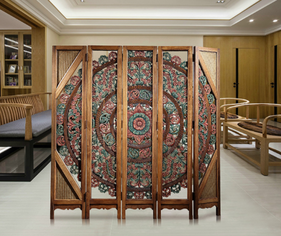 中式復古實木隔斷屏風，彩繪木質(zhì)手工雕花屏風