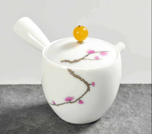 手工茶壺，脂白描金側(cè)把功夫茶具