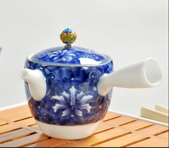 手工茶壺，脂白描金側(cè)把功夫茶具