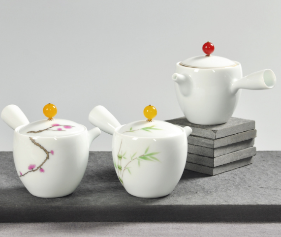 手工茶壺，脂白描金側(cè)把功夫茶具