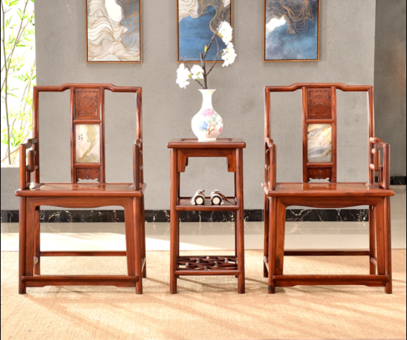 大理石南官帽椅，中式實木云石椅子