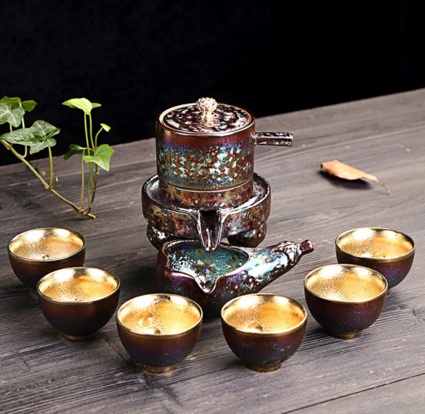 鎏金半自動(dòng)茶具，中式石磨功夫茶具