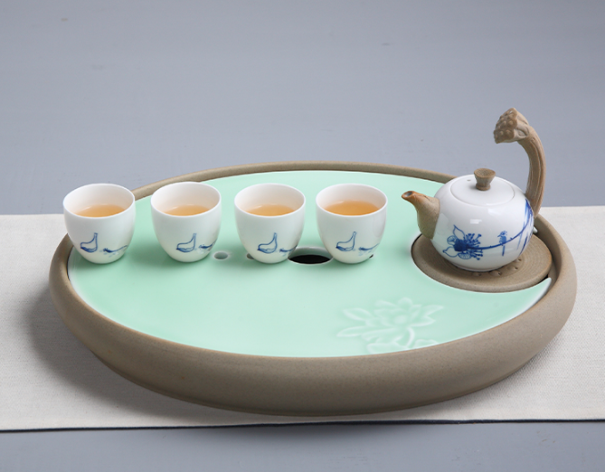一盞清禪青瓷茶盤，陶瓷手繪荷花茶具