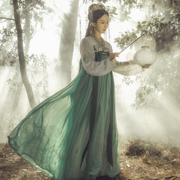 齊胸襦裙?jié)h服，仙女蓮花荷葉刺繡裙