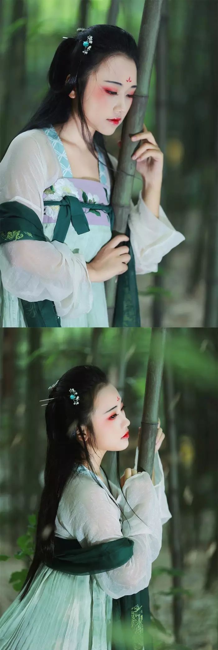 古裝攝影，山際見來煙，竹中窺落日