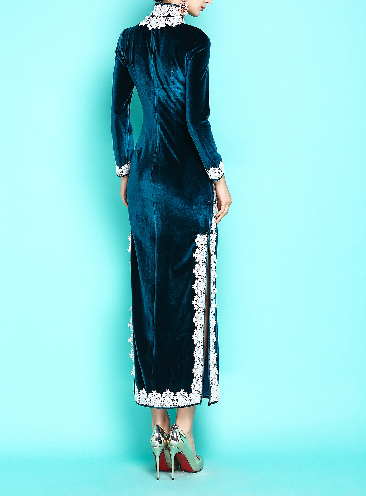 天鵝絨蕾絲花邊旗袍，民國復古旗袍裙