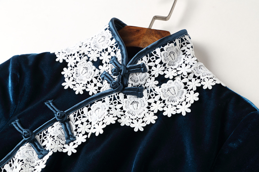 天鵝絨蕾絲花邊旗袍，民國復古旗袍裙