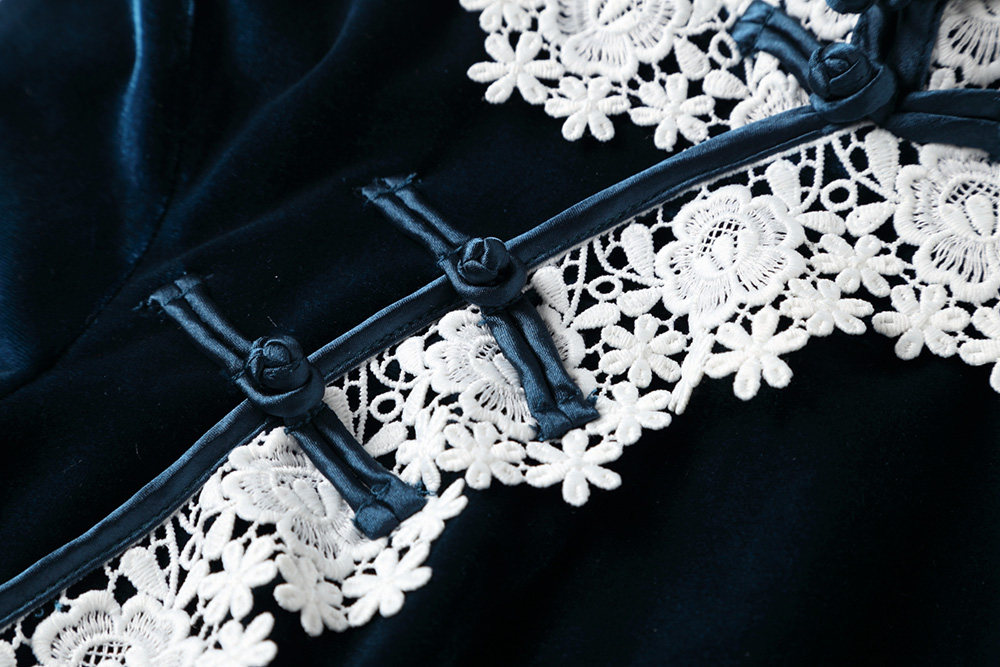 天鵝絨蕾絲花邊旗袍，民國復古旗袍裙