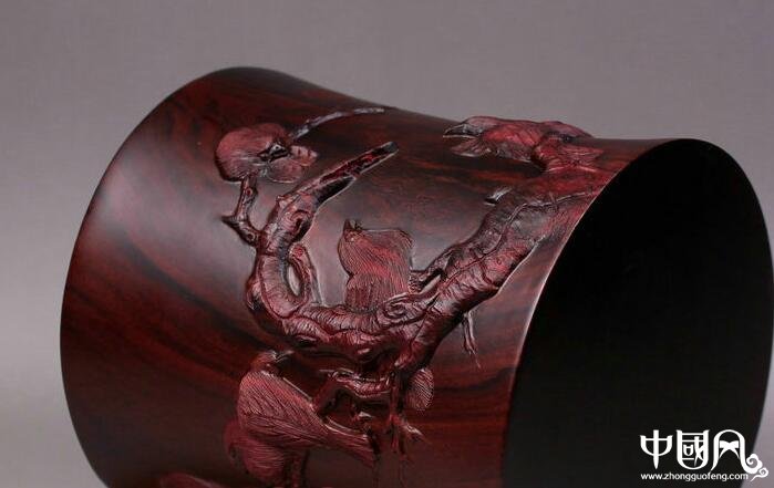 寒鵲圖筆筒紫檀木雕刻，紅木木質(zhì)實(shí)木筆筒