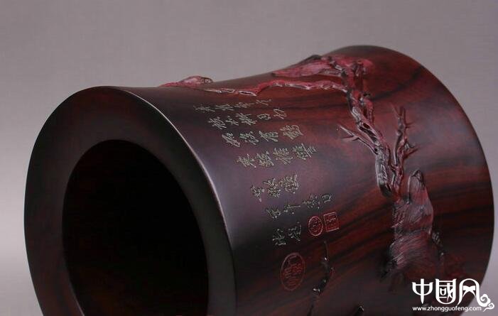 寒鵲圖筆筒紫檀木雕刻，紅木木質(zhì)實(shí)木筆筒