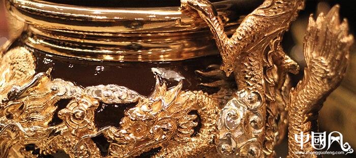 純銅鎏金雙龍香爐，雙耳龍香爐盤香爐