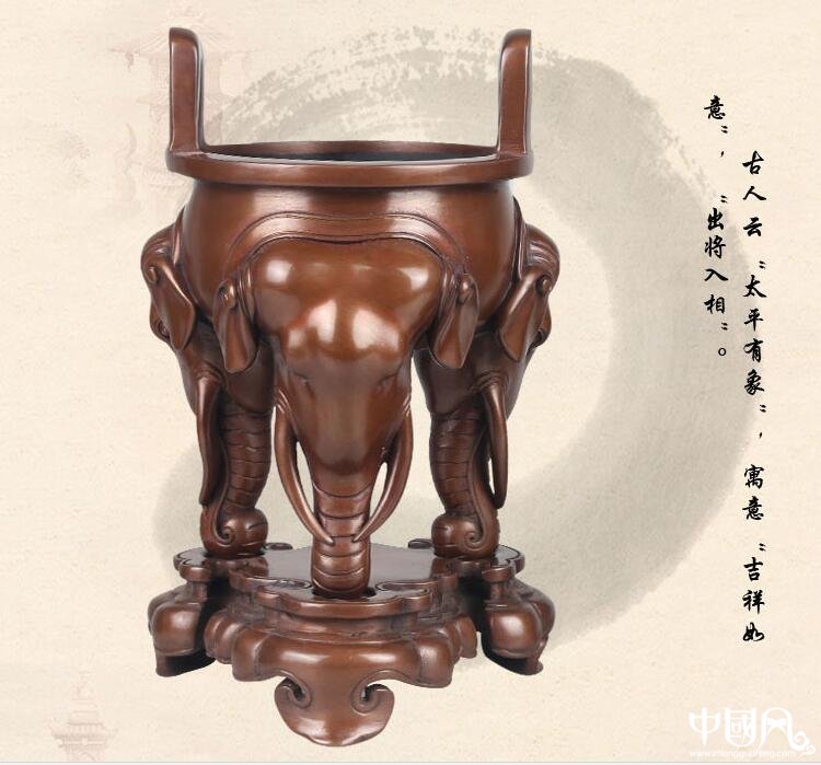純銅香爐，象首三足香薰?fàn)t紫銅檀香爐