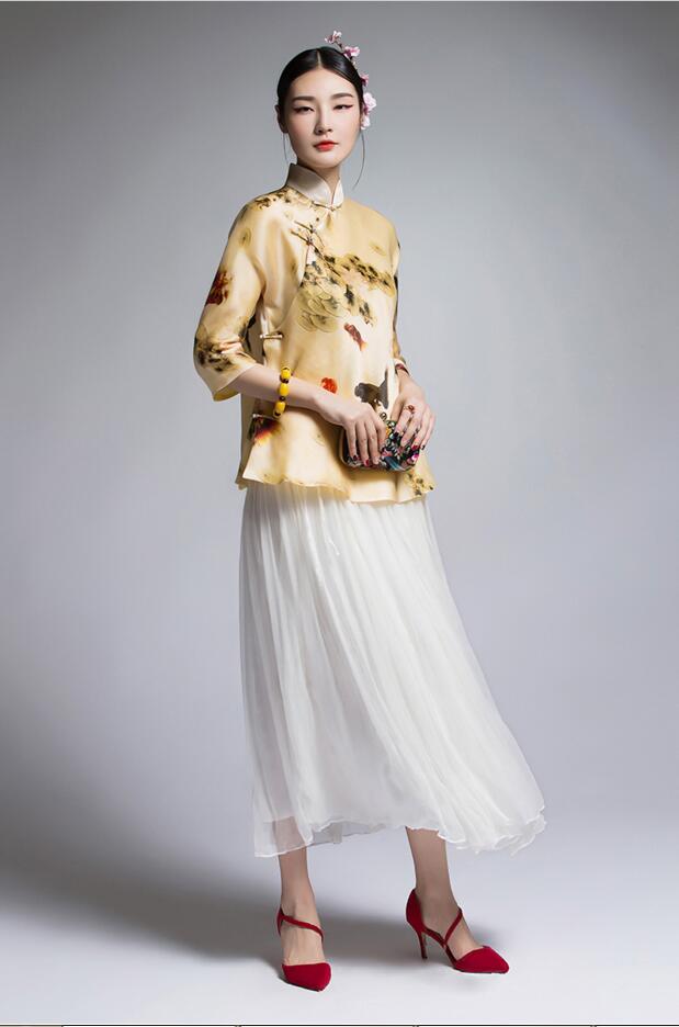 家佳樂文學復古真絲歐根緞印花改良唐裝