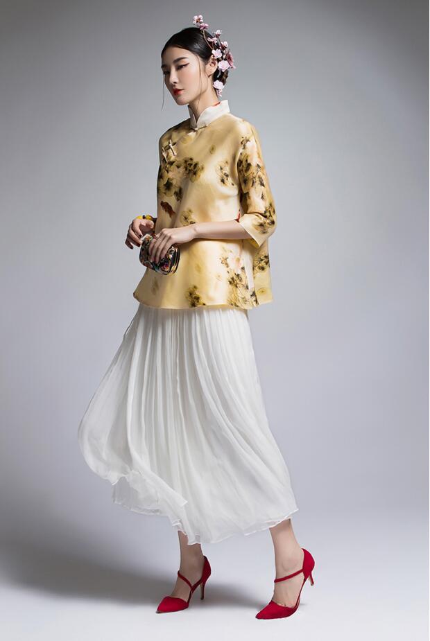 家佳樂文學復古真絲歐根緞印花改良唐裝