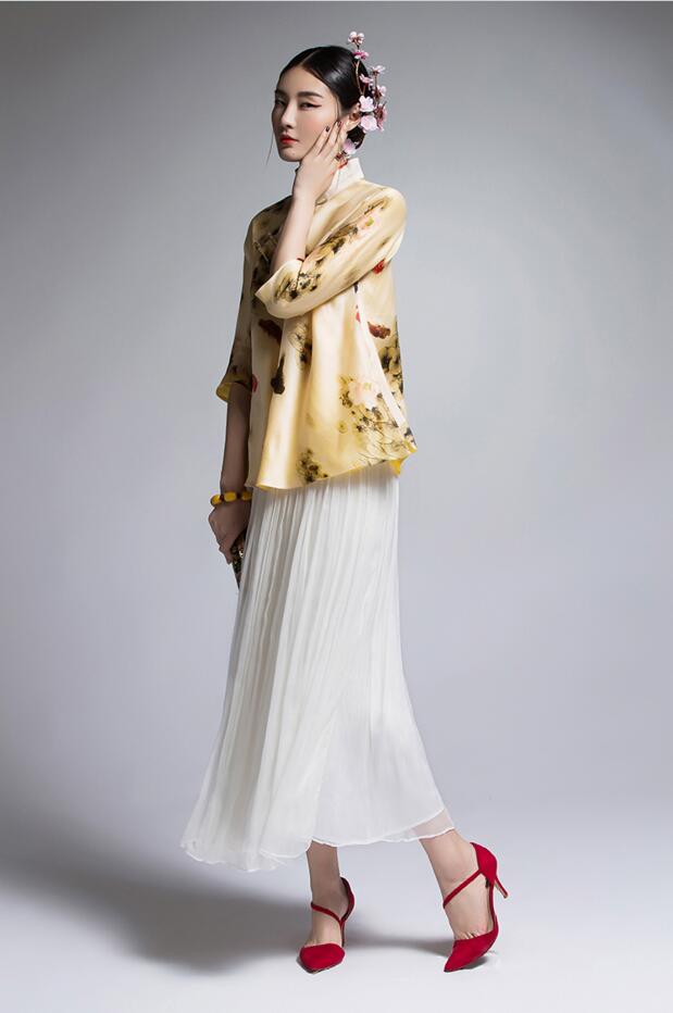 家佳樂文學復古真絲歐根緞印花改良唐裝