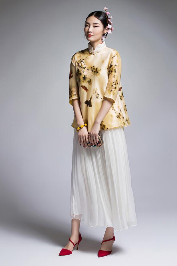 家佳樂文學復古真絲歐根緞印花改良唐裝